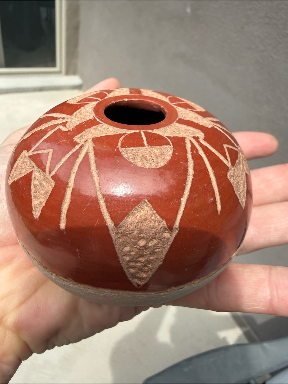 Vintage V. Gutierrez Nambé Pojoaque Pueblo Pottery Etched Redware Seed Pot